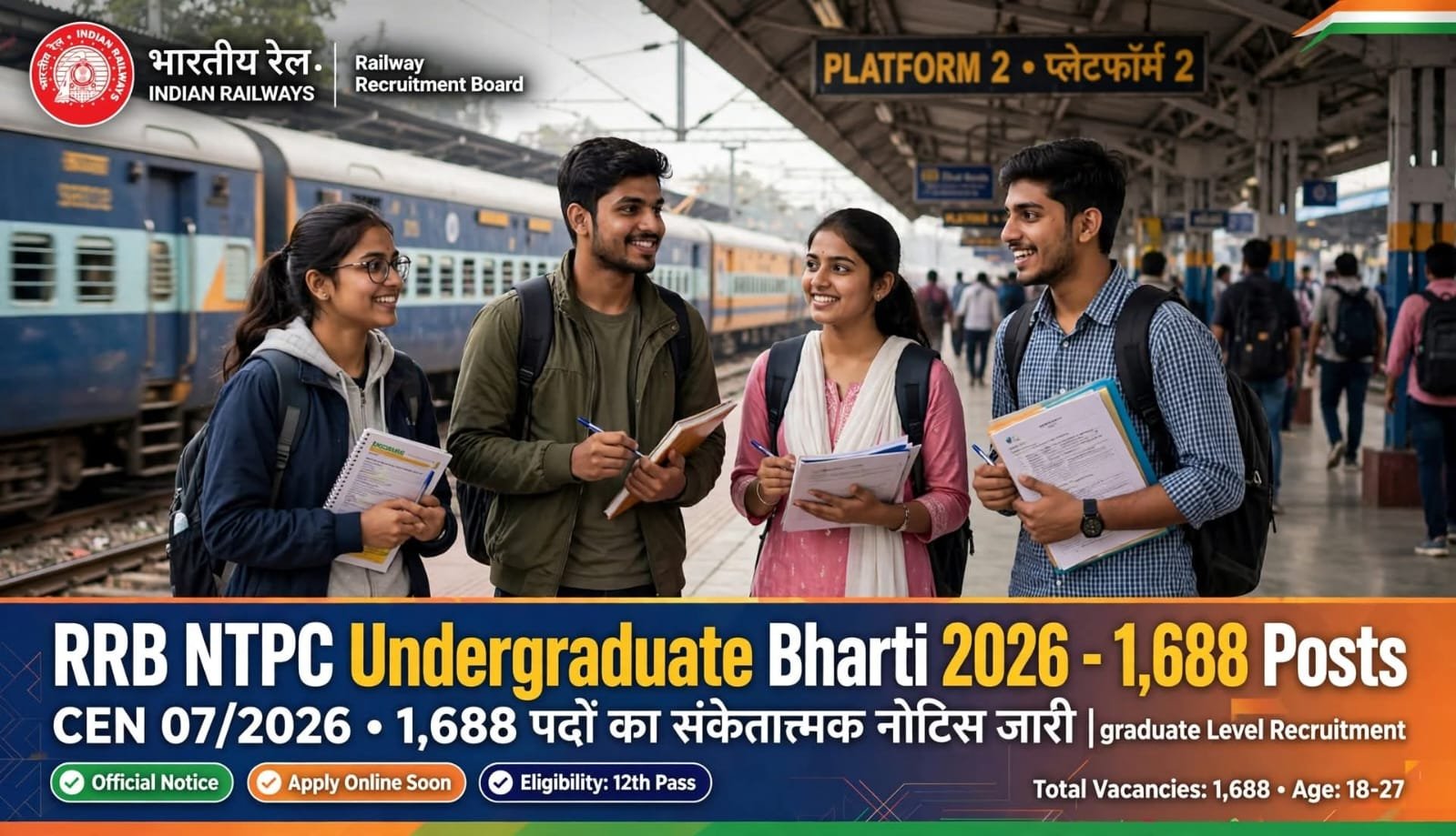 RRB NTPC Undergraduate Bharti 2026 (CEN 07/2026) RRB NTPC Undergraduate Bharti 2026 (CEN 07/2026): 1,688 पदों का संकेतात्मक नोटिस जारी